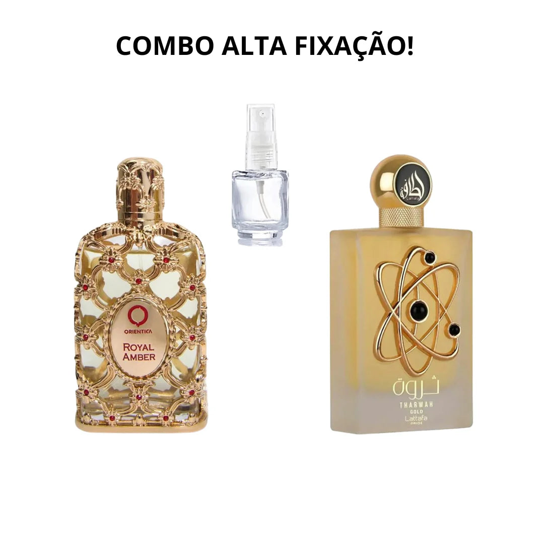 COMBO ALTA FIXAÇÃO – ROYAL AMBER + THARWAH GOLD – DECANT 5 ML CADA – Eau de Parfum